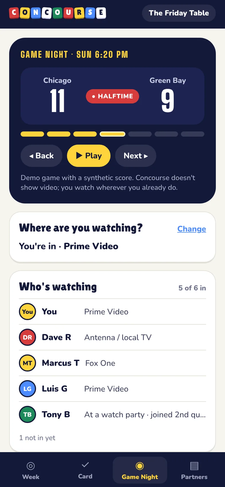 Game Night at halftime: score, where you're watching, and who's watching on which service